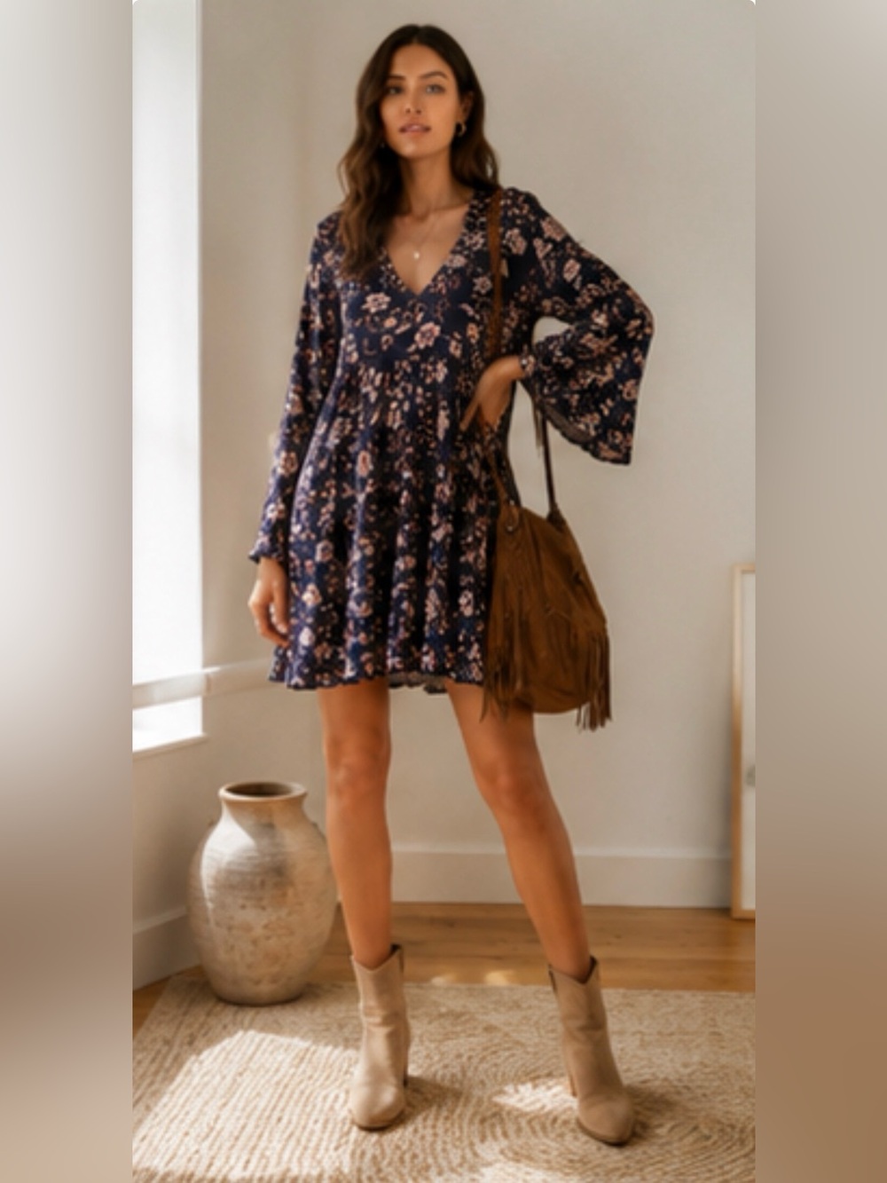 Floral V-Neck Boho Mini Dress - Navy + Pink
